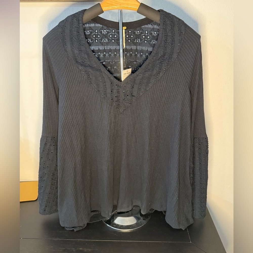 Free People Black Lace Detail Blouse Small